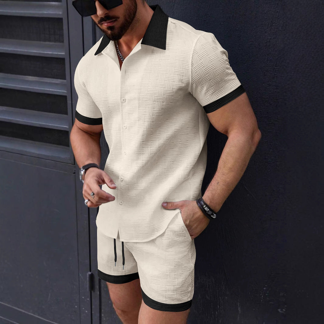 Ensemble Chemise et Short Pour Homme Jacquard Texture Col à Revers Taille à Cordon Coupe Décontractée