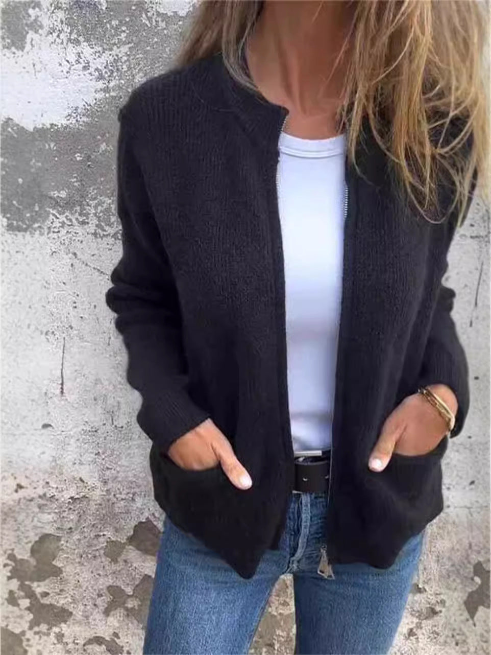 Veste Femme En Maille Côtelée Coupe Ample Col Montant Fermeture Éclair Devant Poches Décontractées