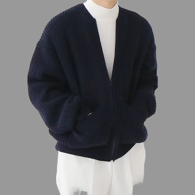 Cardigan Homme En Coton Mélangé Col Mao Oversize Zip Complet Pour Superposition Quotidienne