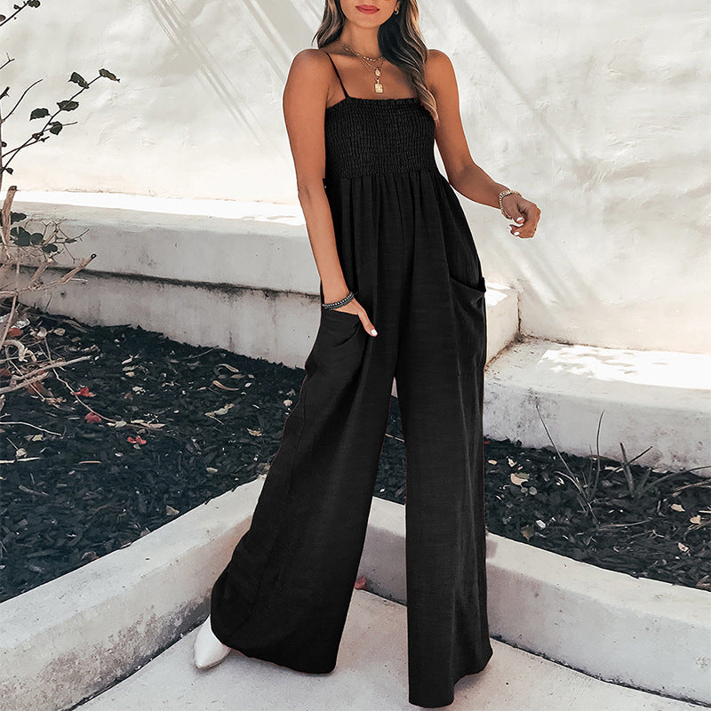 Combinaison Femme Décontractée Avec Bretelles Spaghetti Corsage Ruché Longueur Cheville Tissu Léger Respirant Avec Poches