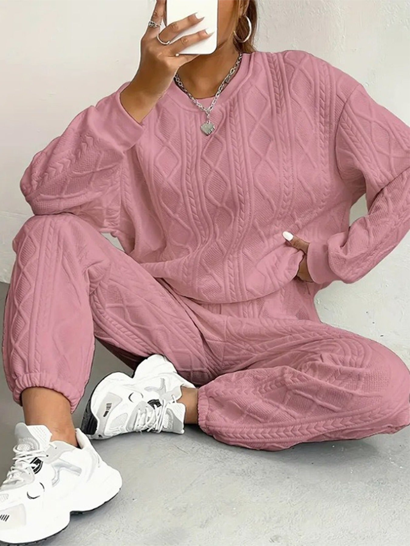 Ensemble Deux Pièces Femme Lounge Tricot Câble Coupe Décontractée Haut À Manches Longues Pantalon À Ourlets Côtelés