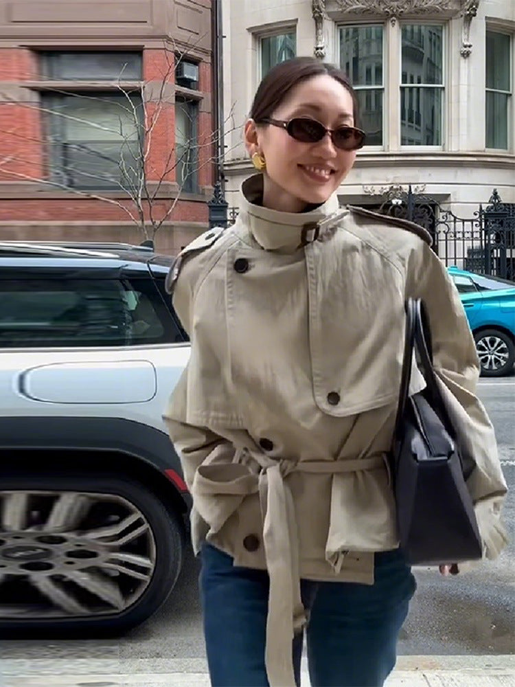 Damen Modische Kurzjacke mit hohem Kragen und Taillengürtel Amawinc