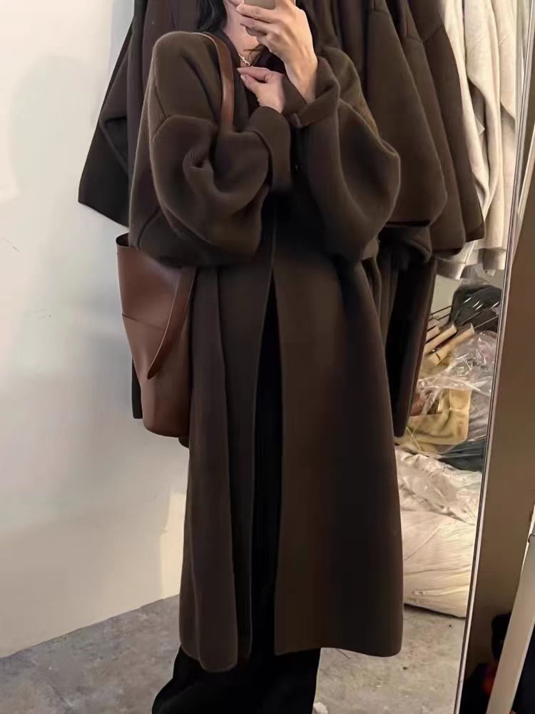 Manteau Cardigan Femme Oversize En Maille De Laine À Ouverture Drapée Et Longueur Maxi