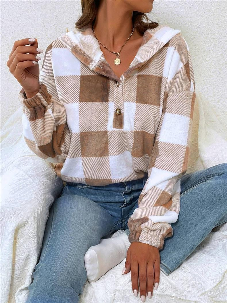 Damen Gemusterte Karo-Hoodie-Bluse Amawinc