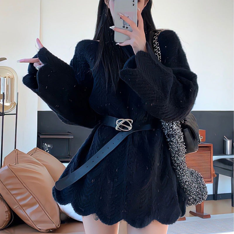 Damen Strickjacke mit innovativem Zopfmuster und elastischem Taillengürtel Amawinc