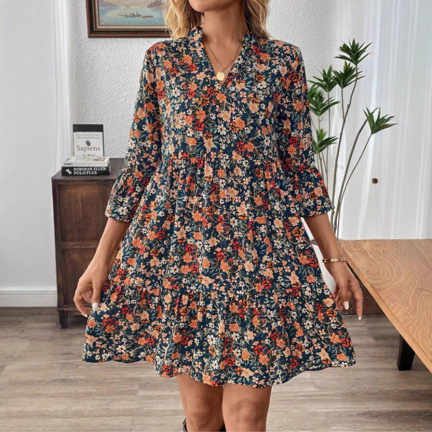 Robe Femme Aline En Coton Léger Encolure V Manches Trois Quarts Volantées Imprimé Floral Amawinc