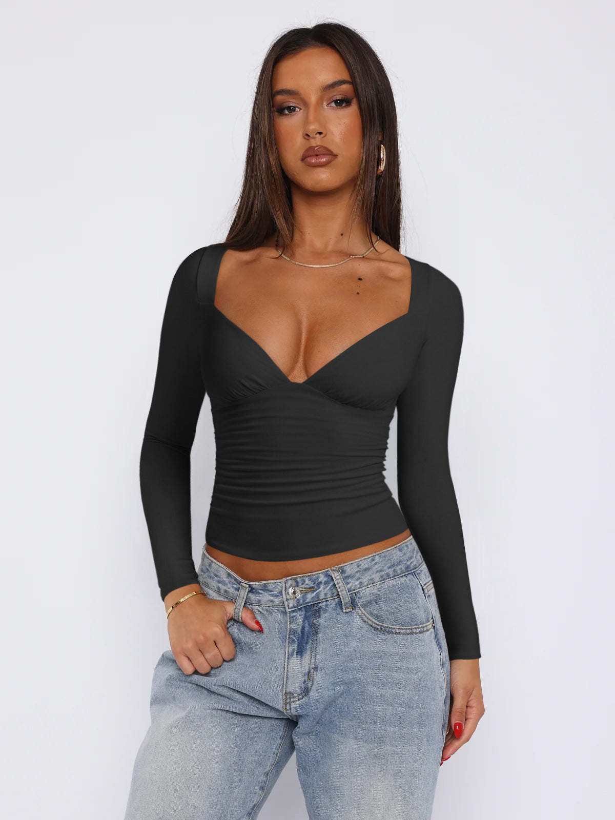 Damen figurbetontes Langarmoberteil mit V-Ausschnitt und Raffungen Amawinc