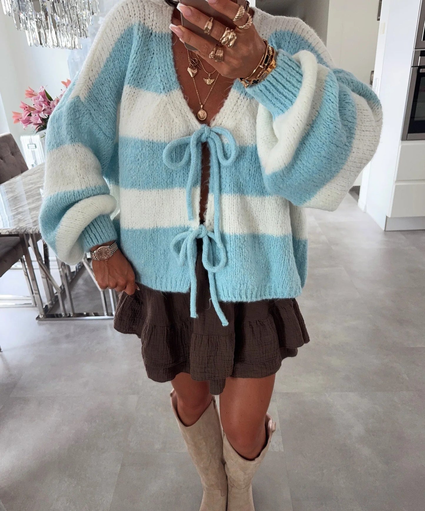 Damen lockere Strickjacke mit breiten Streifen und Bindegürtel Amawinc