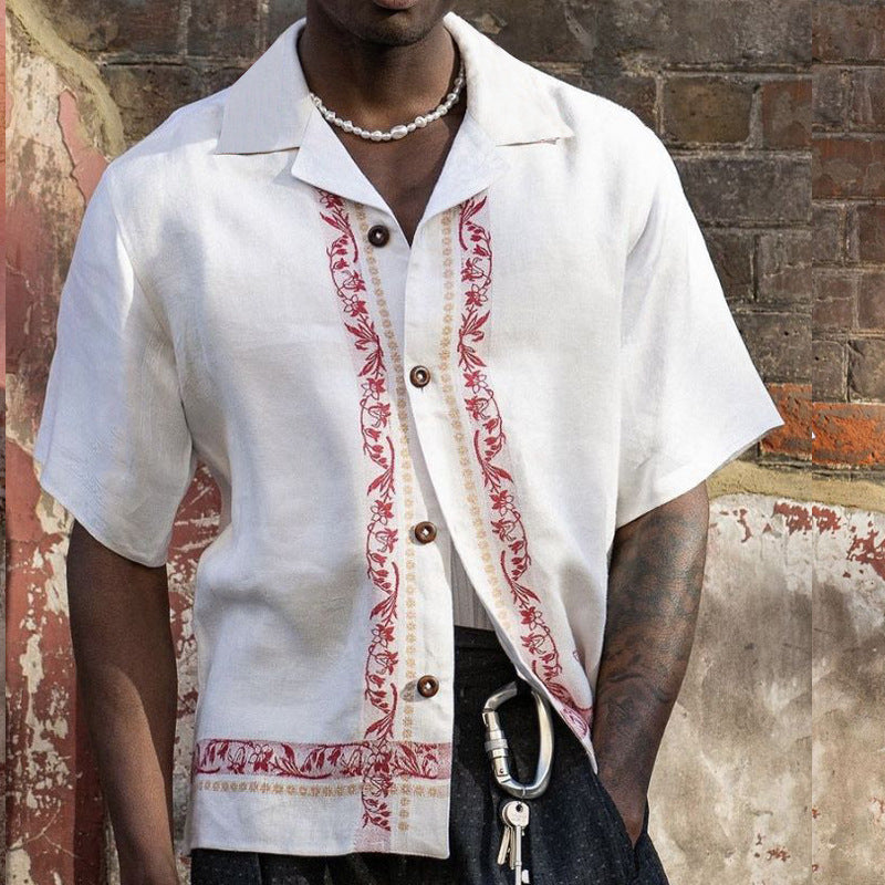 Chemise Homme À Manches Courtes En Mélange Lin Avec Bordure Brodée Coupe Décontractée Esprit Nordique