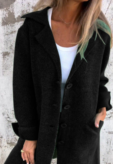 Manteau Midi Femme Coupe Décontractée Aspect Laine Col Revers Simple Boutonnage Amawinc