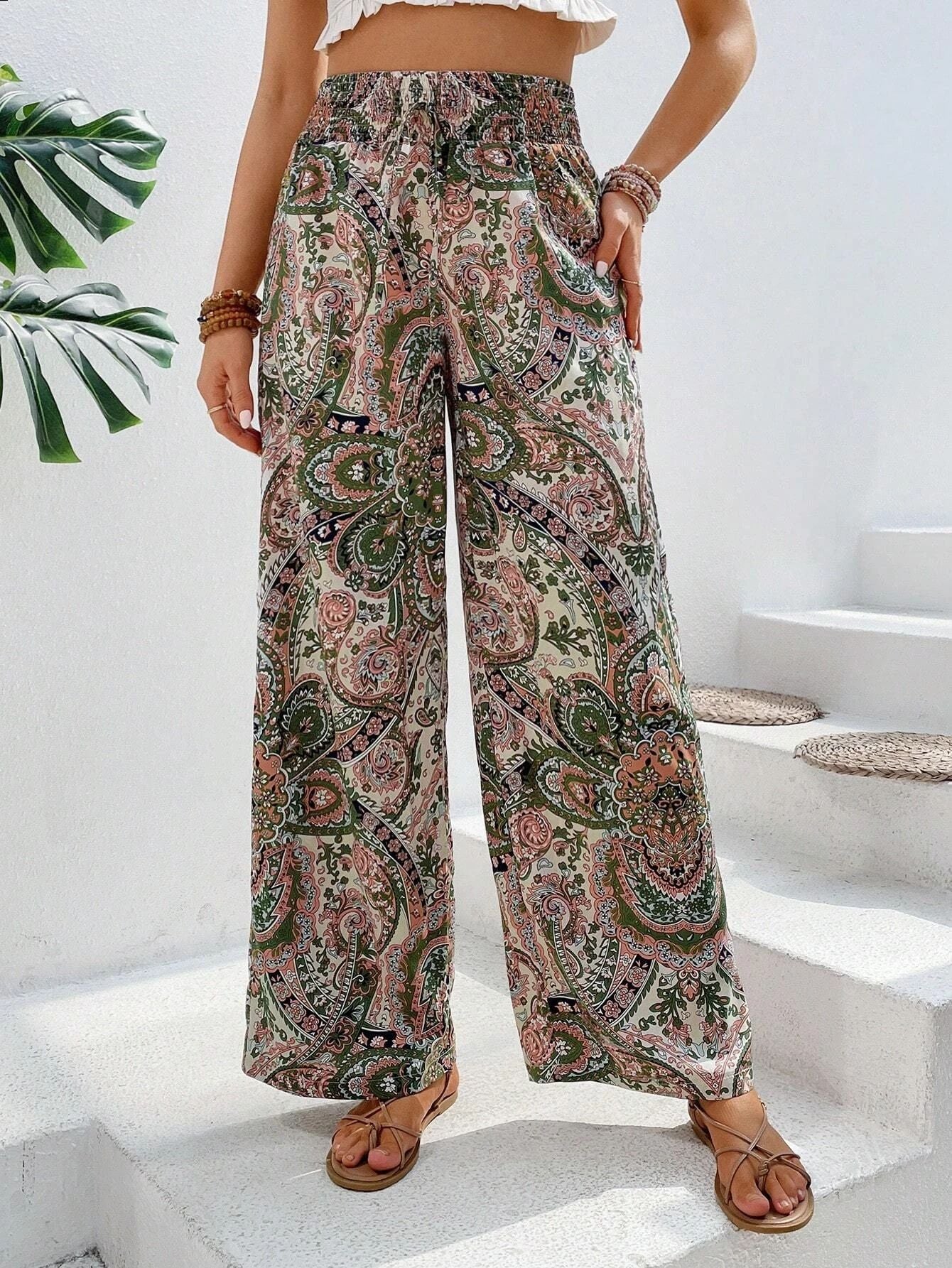 Pantalon Large À Jambe Évasée Pour Femme Coupe Décontractée Imprimé Boho Léger Drapé Et Taille Elastique