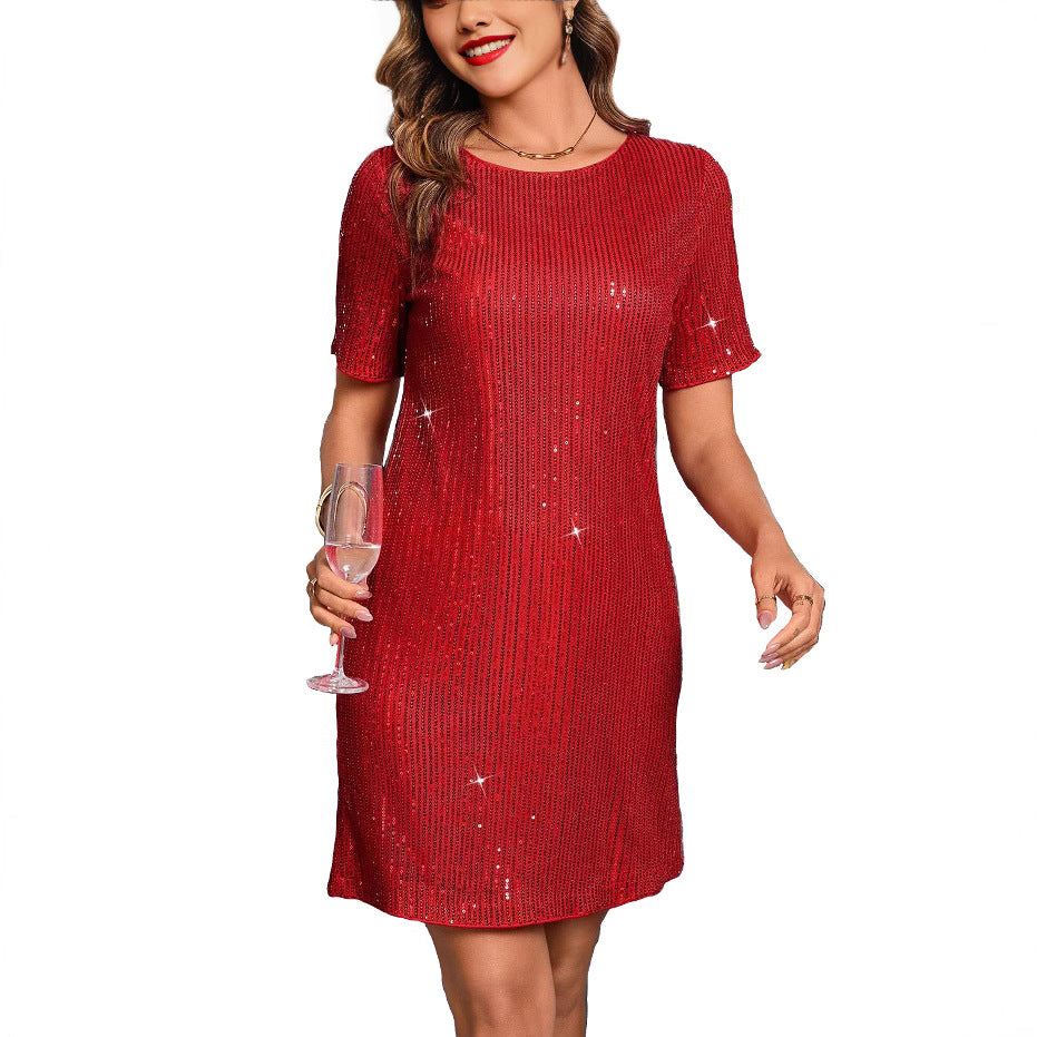 Robe Mini Décontractée Avec Design Paillettes Manches Courtes Pour Look De Fête Et Soirée Élégante