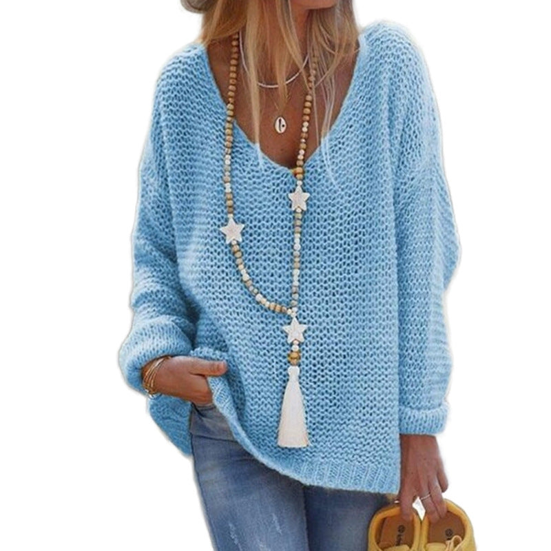 Damen Grobstrickpullover mit tiefem V-Ausschnitt und lässigem Schnitt Amawinc