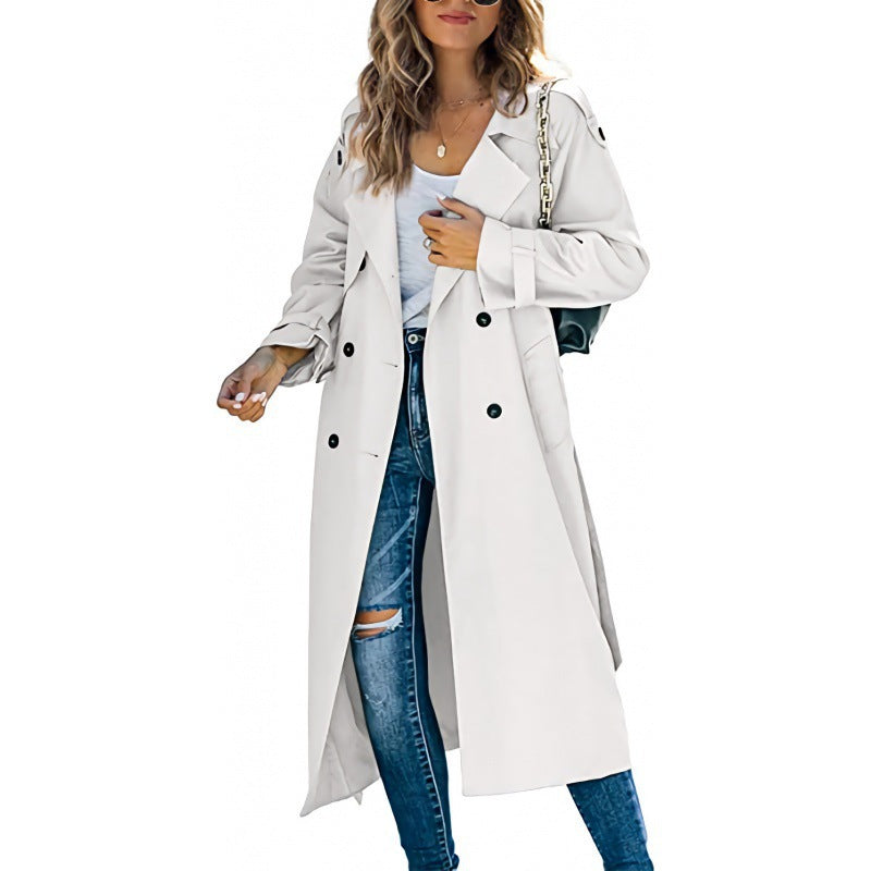 Damen eleganter Trenchcoat mit doppelt Reihe Knopfverschluss und Taillengürtel Amawinc