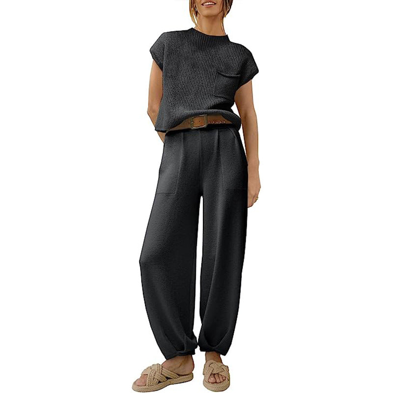 Ensemble En Maille Pour Femme Haut Court Avec Poche Poitrine Pantalon Large Taille Haute Confort Doux