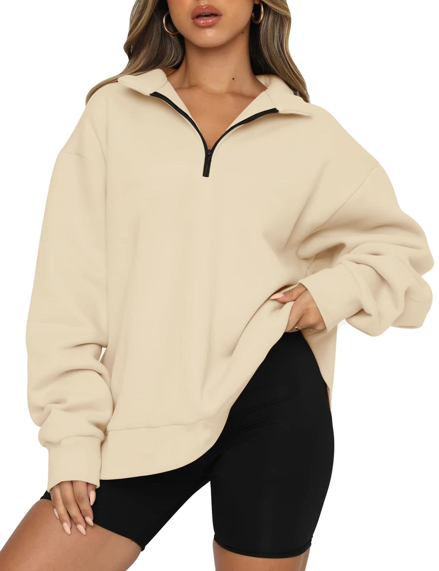 Damen Oversized Sweatshirt mit kurzem Reißverschluss und lässigem Schnitt Amawinc