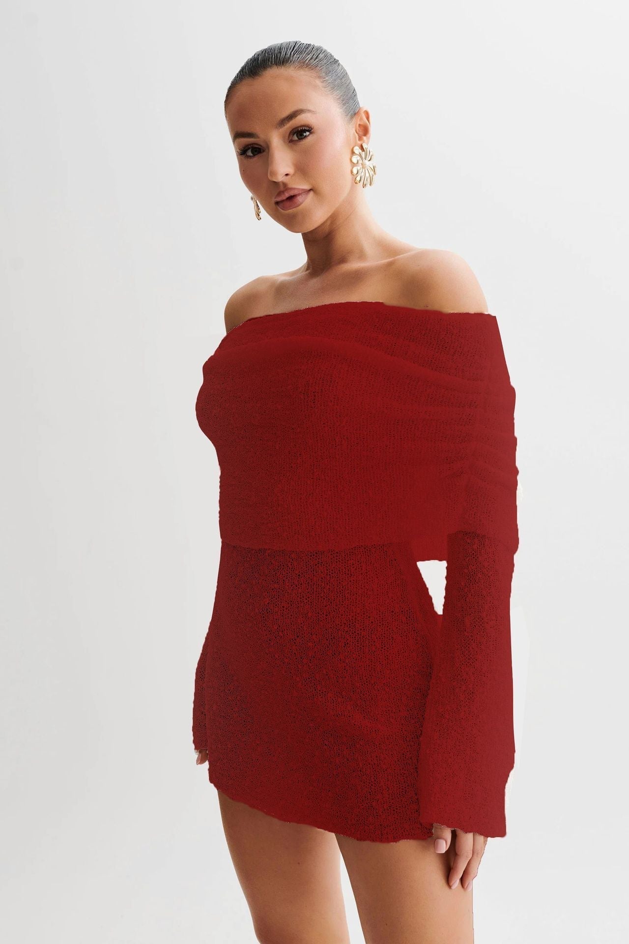 Robe de Plage Femme Épaules Dévoilées Maille Légère Coupe Slim Semi Transparent Manches Longues
