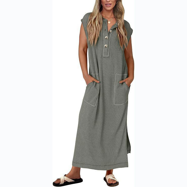 Robe Maxi Femme Coupe Décontractée Tissu Coton Lin Poches Latérales Manches Courtes