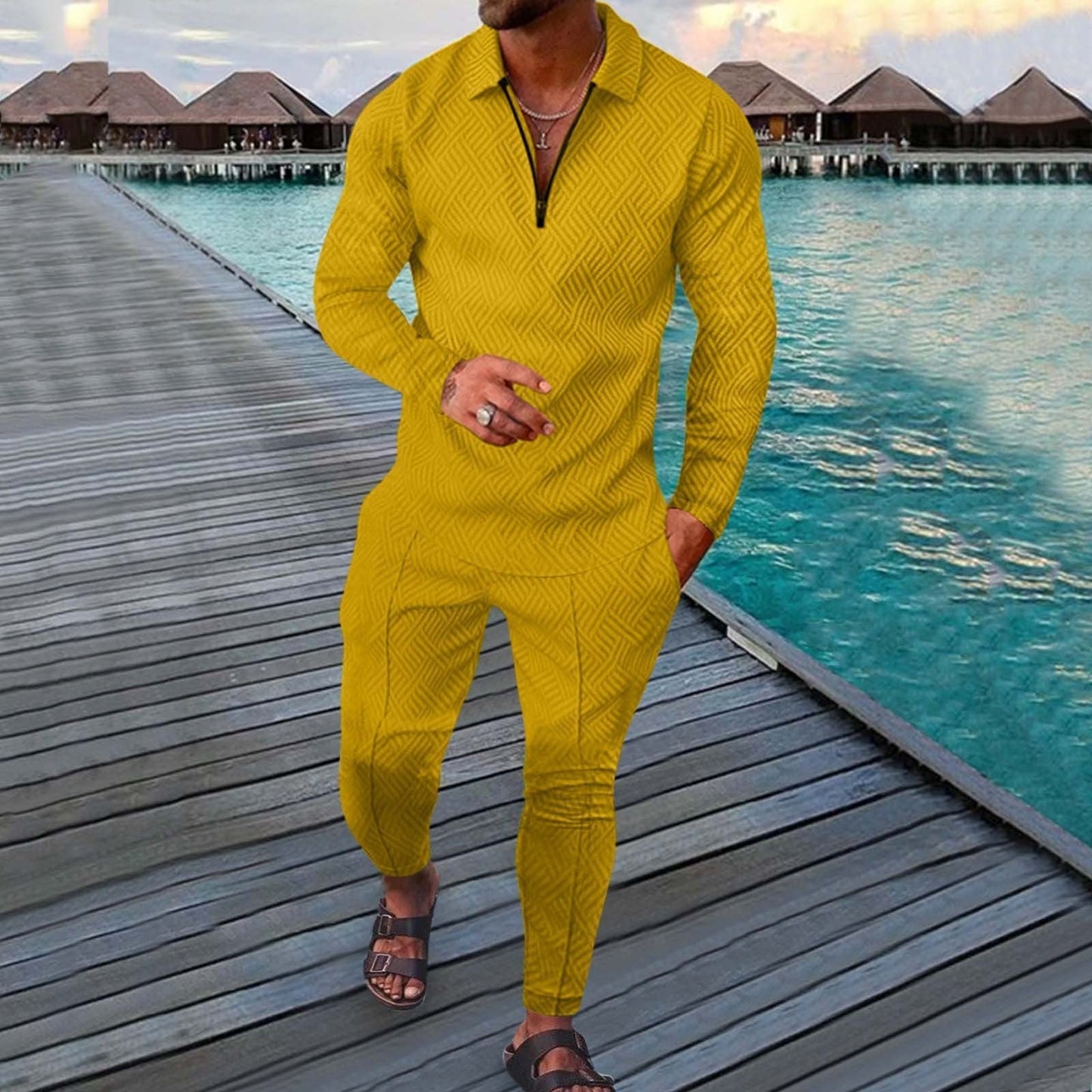 Ensemble Homme Deux Pièces Slim Fit Loisirs Sport Avec Polo À Manches Longues Et Imprimé 3D Respirant Par Amawinc