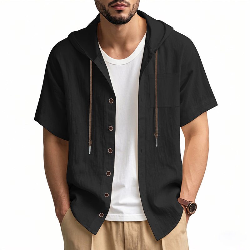 Chemise À Capuche En Lin Mélangé Pour Homme Manches Courtes Coupe Décontractée Fermeture Bouton Idéale Pour L'Été