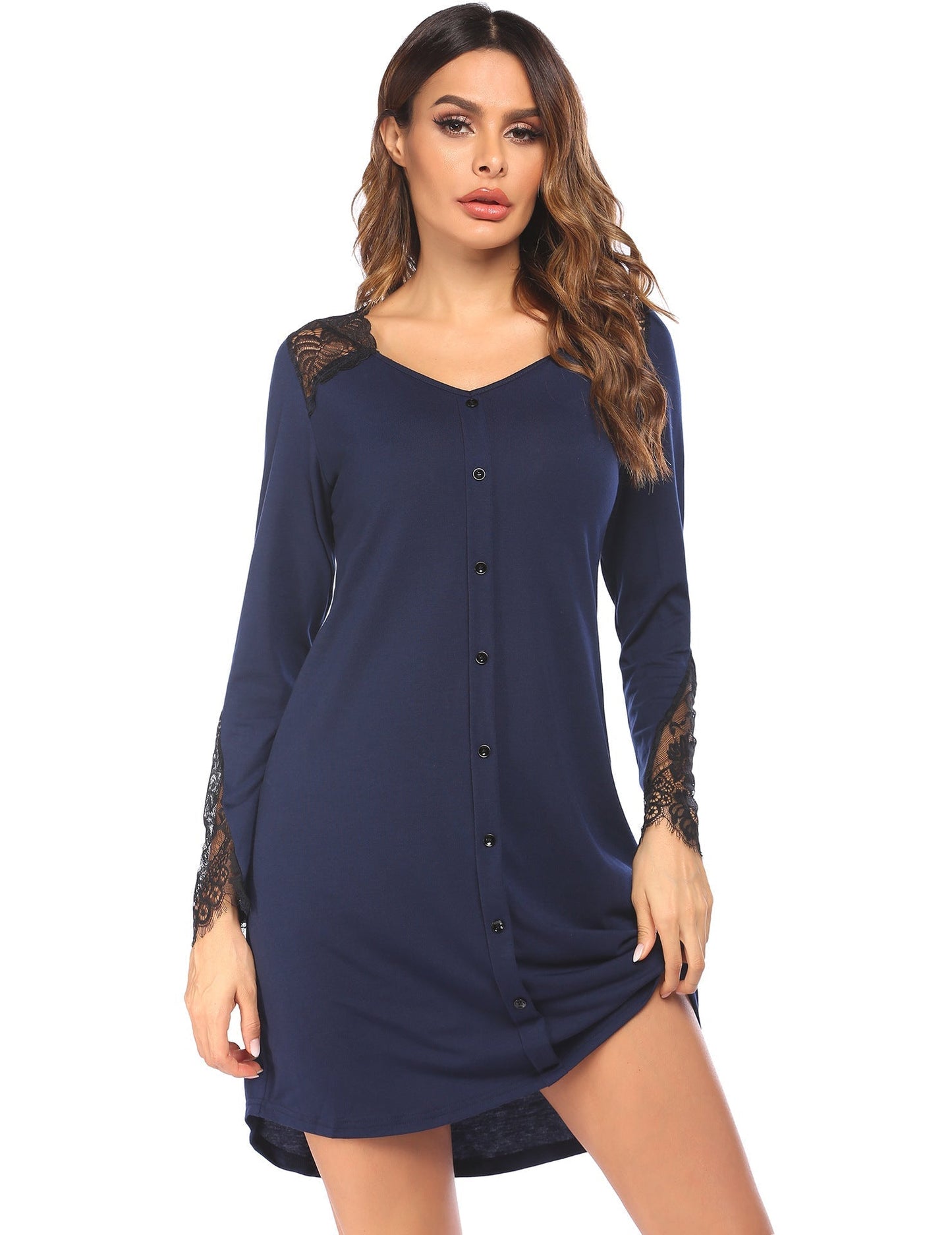 Damen Langarm Spitzen-Nachthemdkleid von Fudus