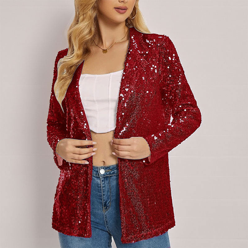 Blazer Femme Revêtu De Sequins À Ouverture Devant Coupe Ajustée Manches Longues Élégant Pour Soirées Festives