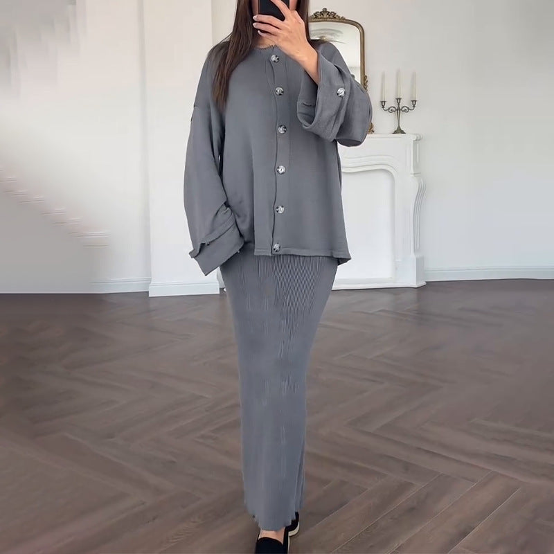 Damen Strickanzug mit elegantem Blazer und ärmellosem Maxikleid Amawinc