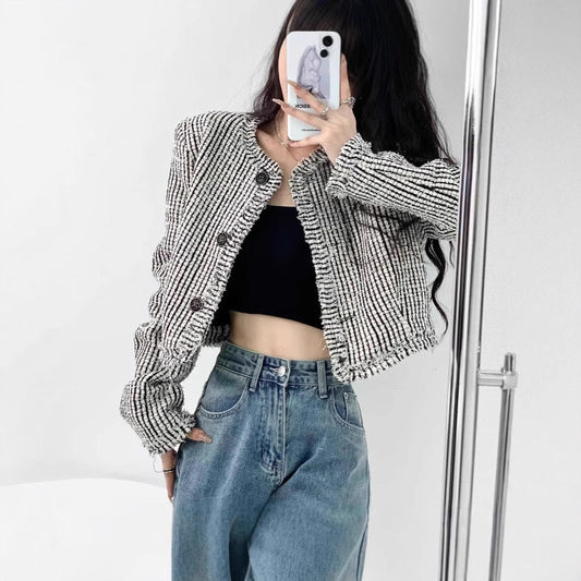 Damen trendige Bouclé-Jacke mit dekorativen Knöpfen und lässigem Schnitt Amawinc - Amawinc