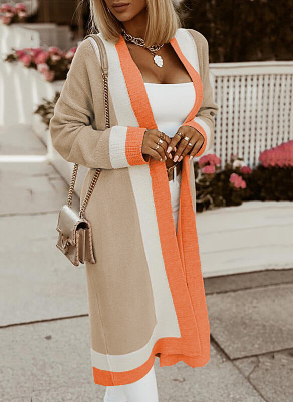 Damen lange Strickjacke mit Farbblockdesign und offenen Front Amawinc