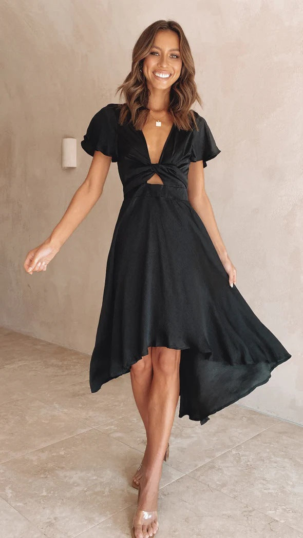 Robe Midi Femme Encolure En V Taille Ceinturée Manches Souples Ourlet Asymétrique