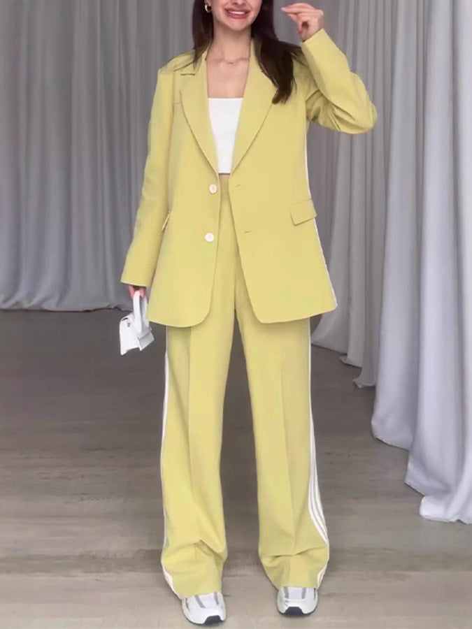 Damen Modisches Blazer-Hosen-Set mit kontrastierenden Streifen Amawinc