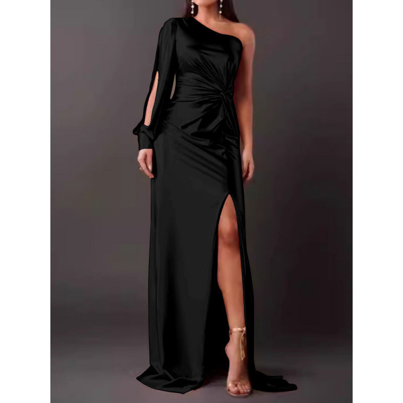 Robe À Une Épaule Pour Femme Maxi En Satin Élégante Coupe Slim Avec Fente Haute Pour Soirée