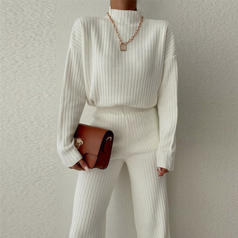 Ensemble Femme En Maille Côtelée Coupe Décontractée Manches Longues Pantalon Large À Jambe Évasée Nordic Flair