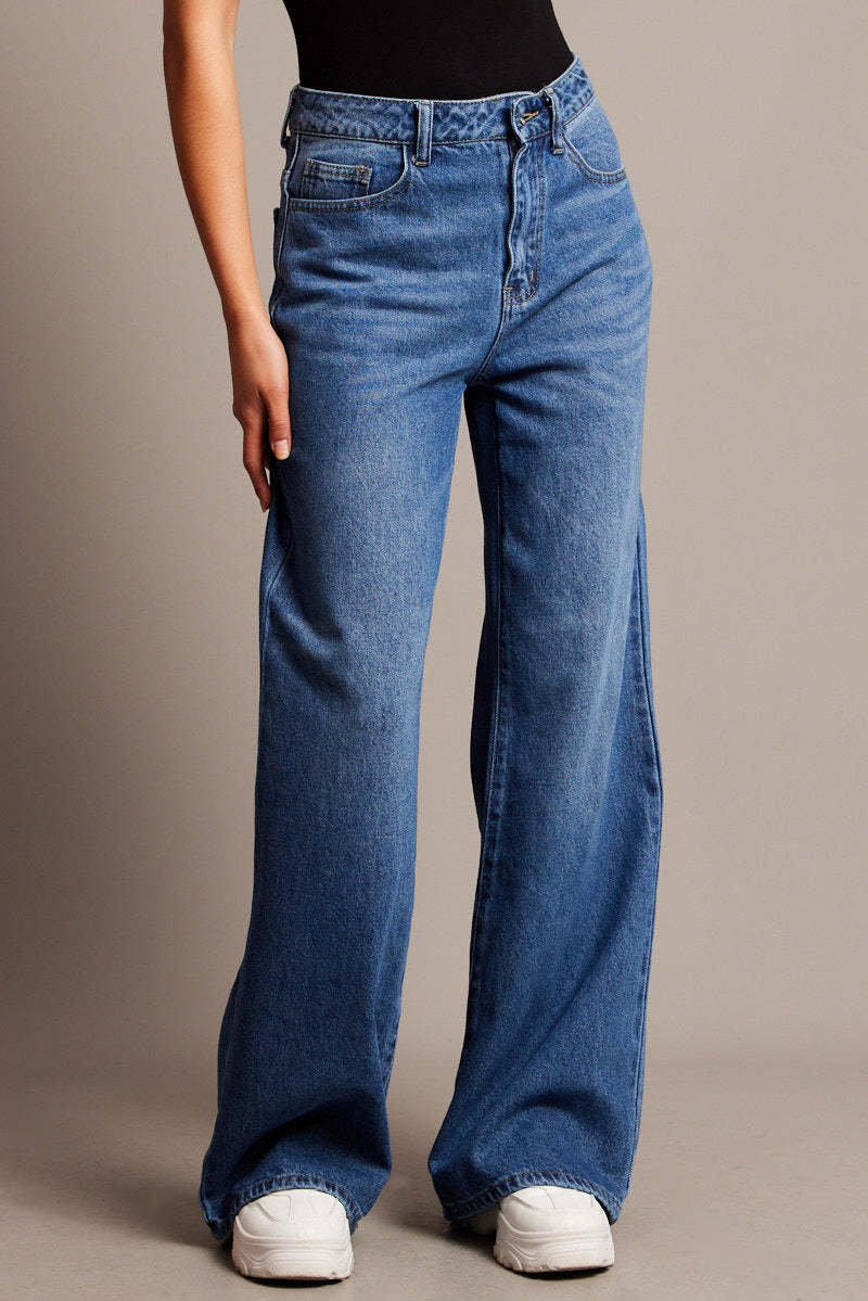 Damen Weit geschnittene High-Waist Jeans mit eleganten Falten Amawinc