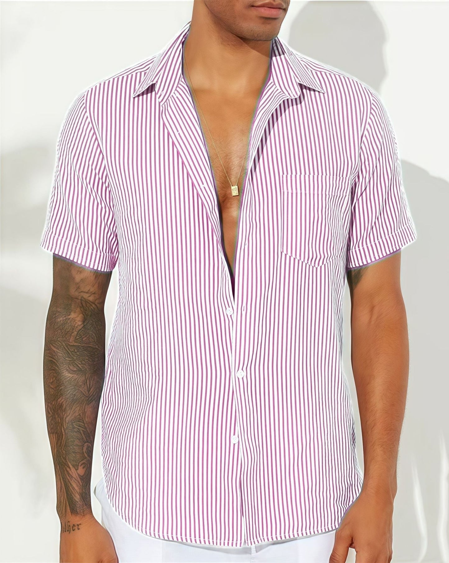 Chemise Homme À Boutons Décontractée Manches Courtes Rayures Verticales Mélange Coton Pour Tenue Décontractée