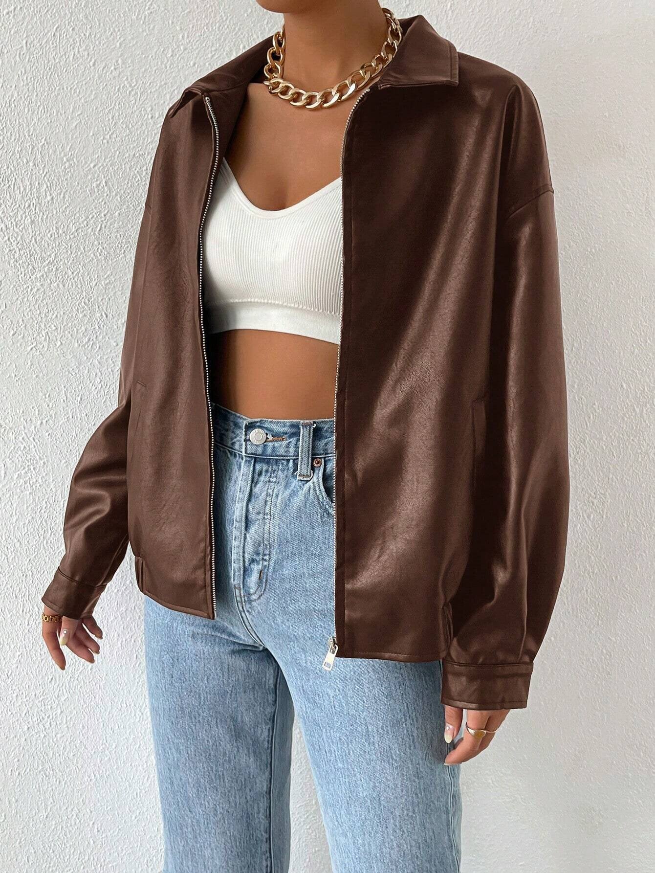 Damen trendige Kunstlederjacke im modernen Schnitt mit lässigem Reißverschluss Amawinc