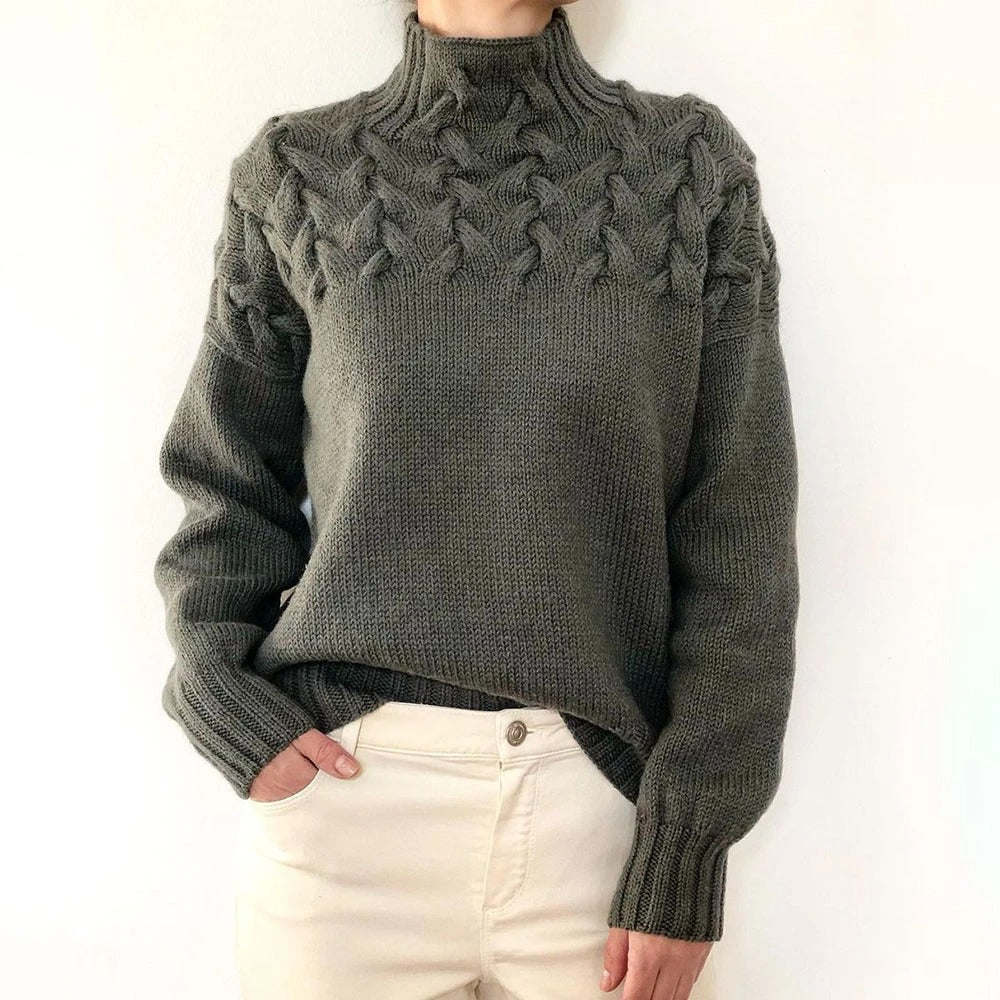 Damen Strickpullover mit hochgeschlossenem Kragen und trendigem Zopfmuster Amawinc