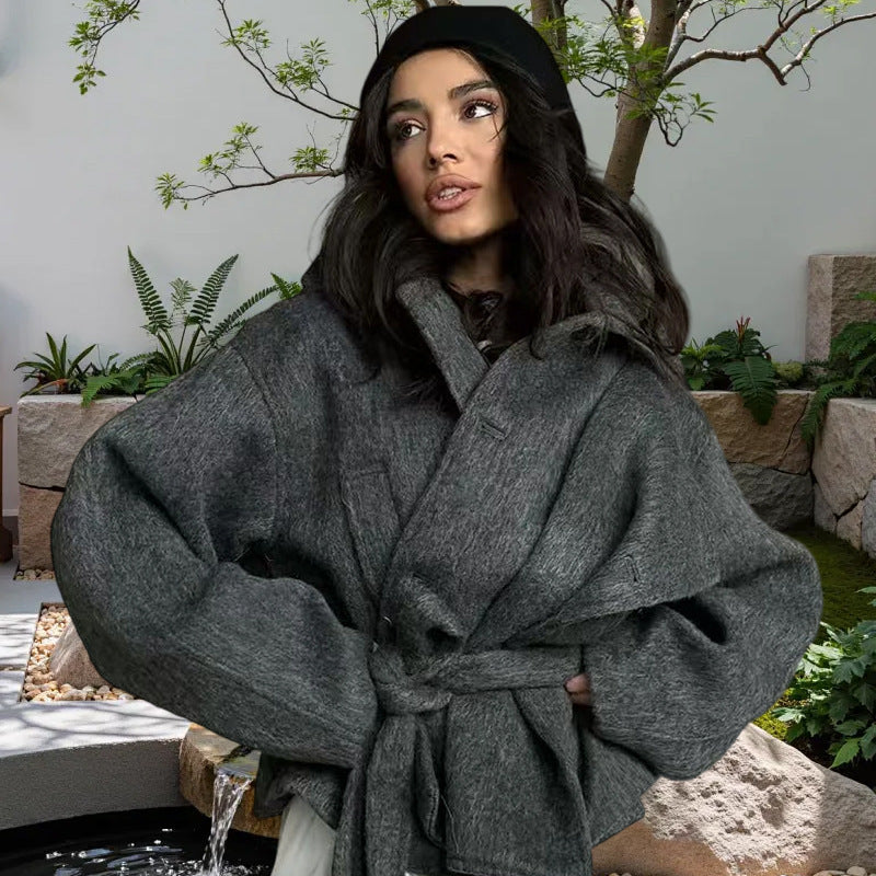 Damen Oversized Wollmantel mit Gürtel Amawinc
