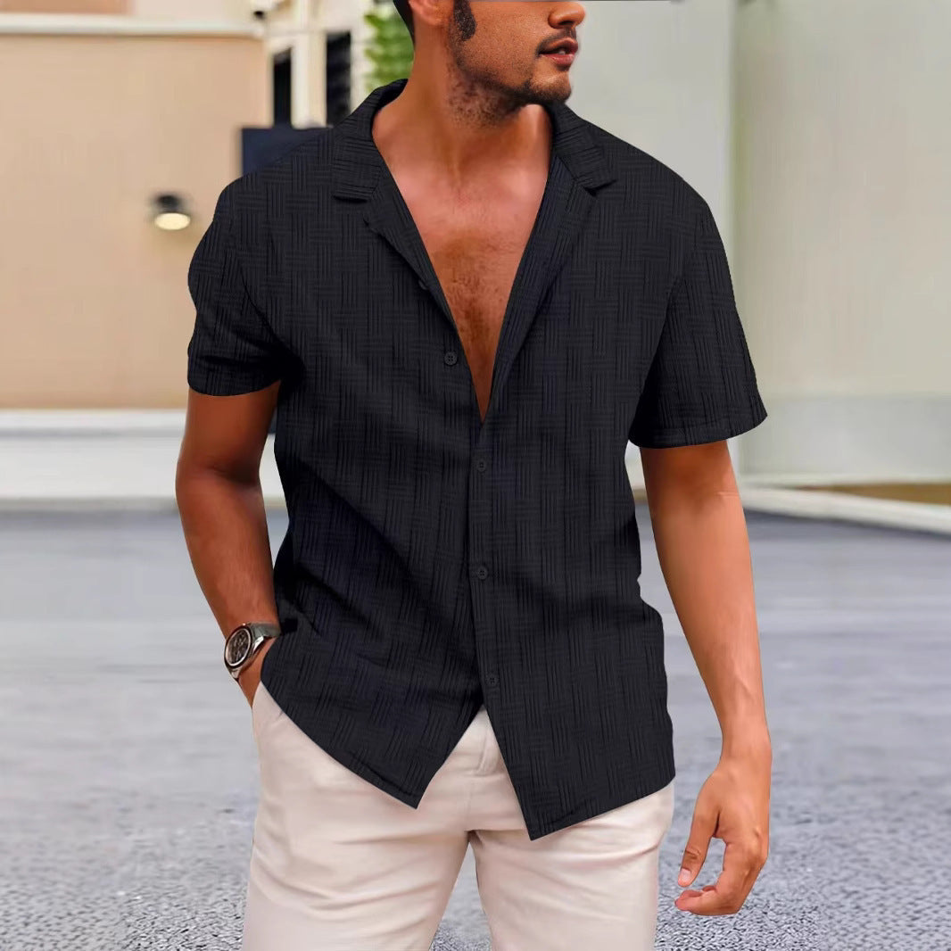 Chemise Homme Amawinc Manches Courtes Coton Lin Mélangé Fermeture À Boutons Coupe Classique