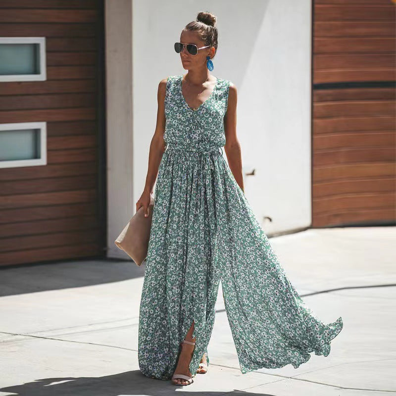 Robe Maxi Femme Sans Manches Imprimé Floral Coton Léger et Respirant Décolleté en V Profond Avec Nœud Amawinc