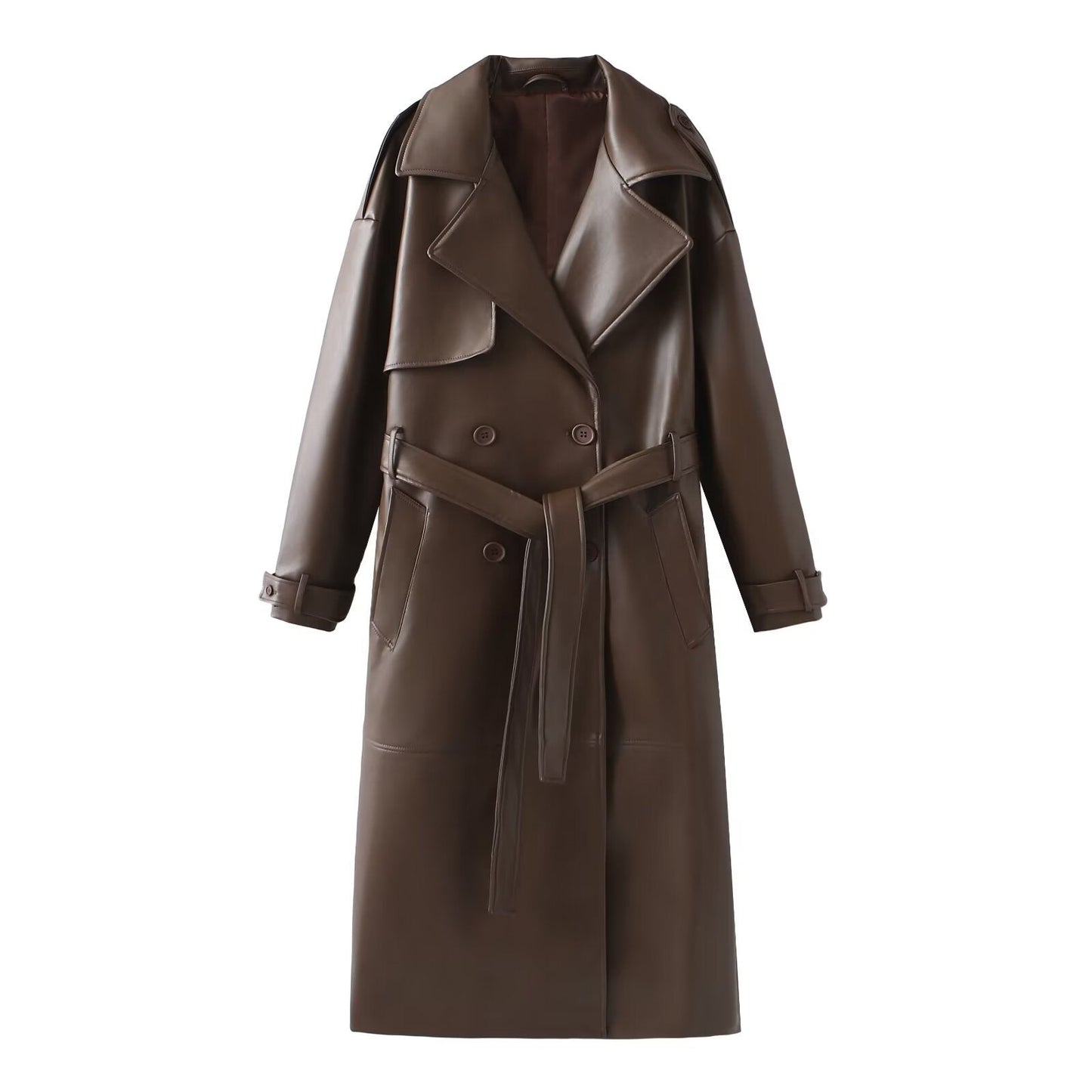 Damen Kunstleder-Trenchcoat mit modischem Schnitt und praktischen Taschen Amawinc