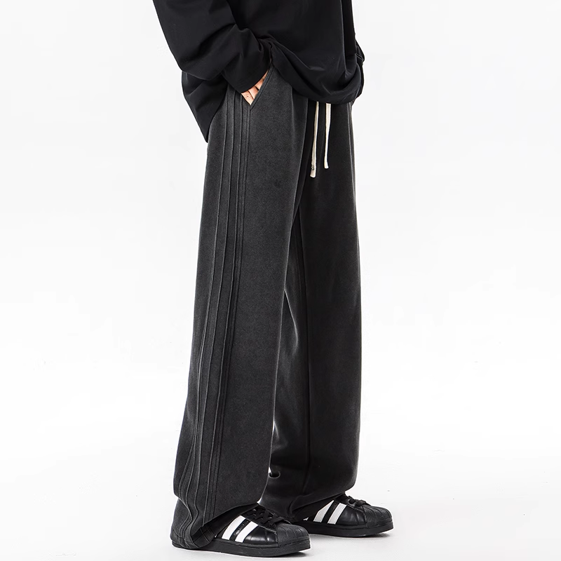 Pantalon Survêtement En Coton Lavé Vintage Finition Gris Cendré Coupe Ample Avec Ceinture Élastique Et Cordons