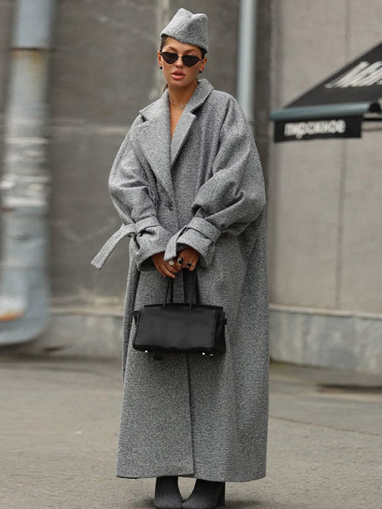 Damen Oversized Wollmantel mit gestreiftem Design und Gürtel Amawinc