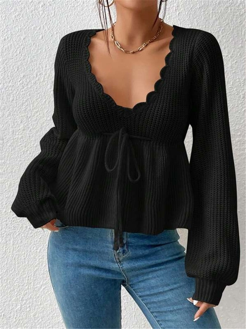 Pull Femme En Maille Côtelée À Coupe Décontractée Avec Taille À Cordon Et Ourlet À Volants