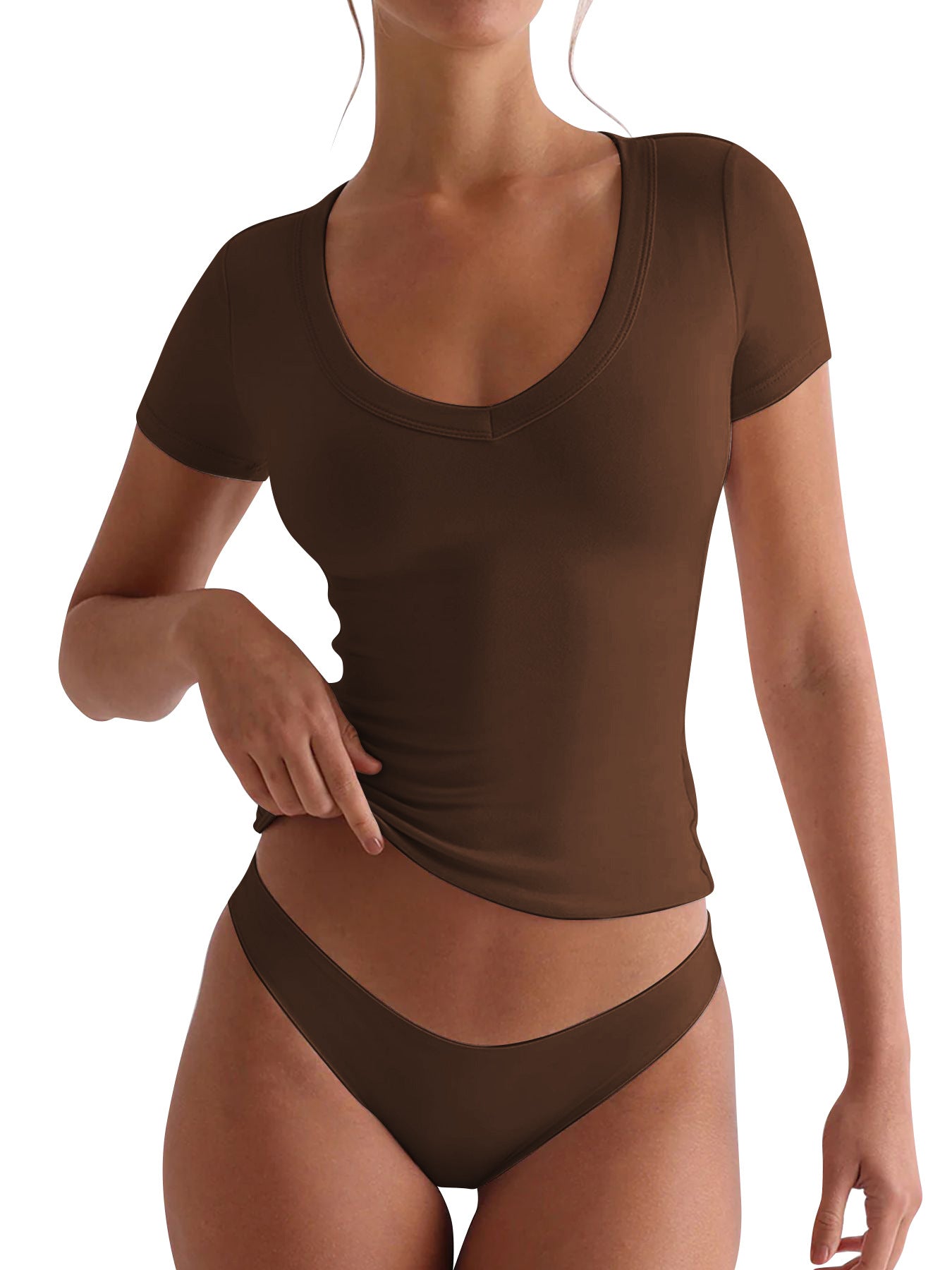 Damen figurbetontes V-Neck T-Shirt mit kurzen Ärmeln Amawinc