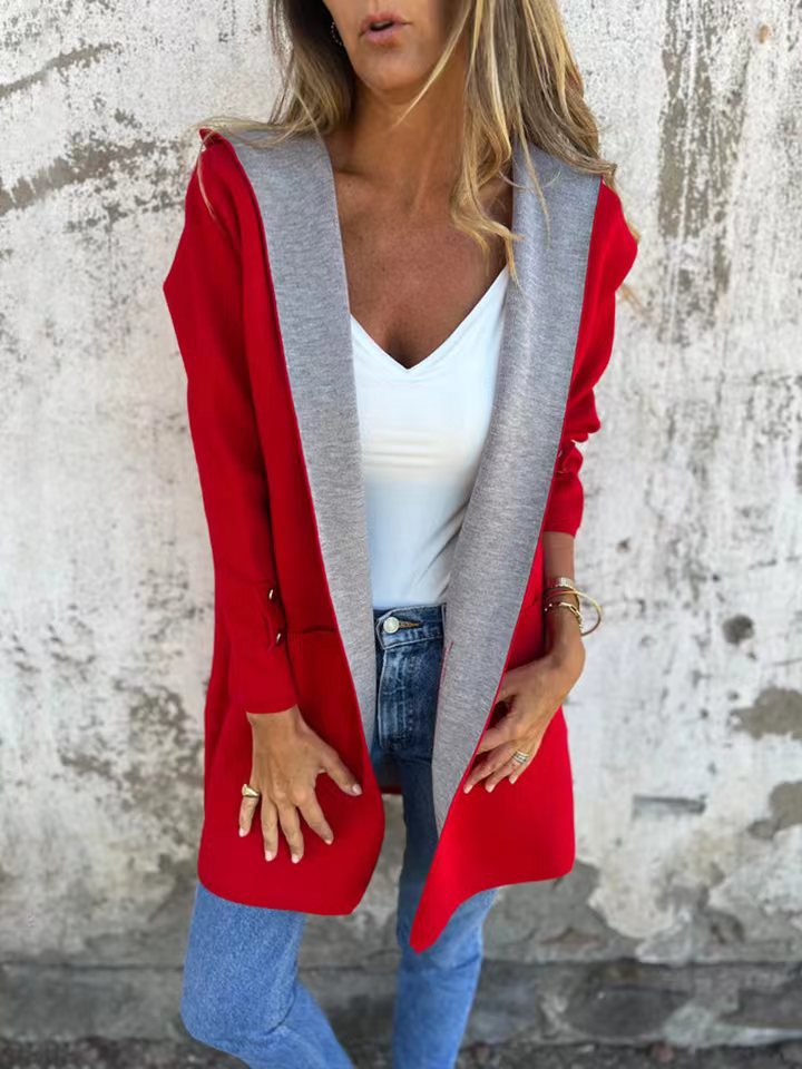 Cardigan À Capuche Pour Femme En Maille Douce Longue Décontracté Avec Bordure Contrastée Et Poignets Boutonnés
