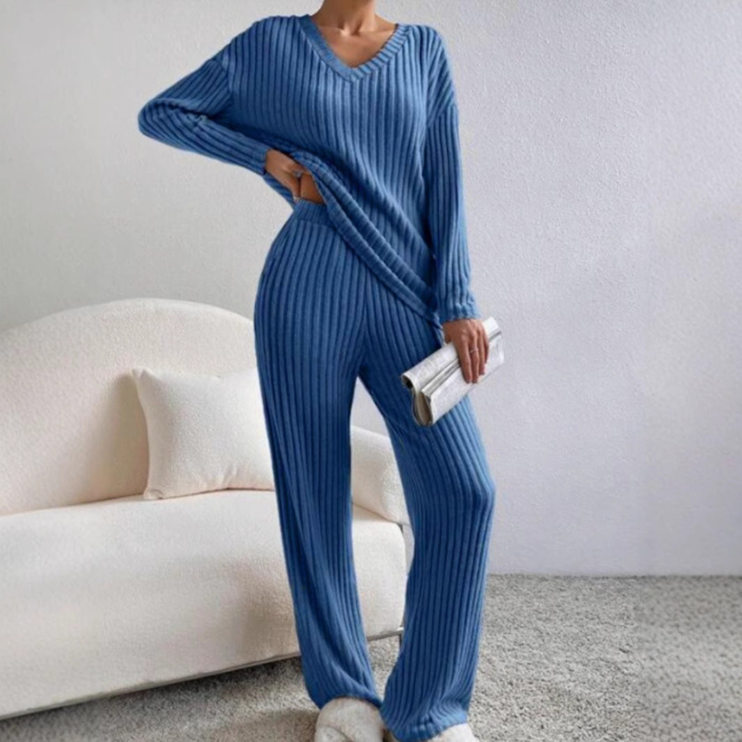 Nordisk-Flair Ensemble Femme Haut Col V En Maille Ribée Coupe Décontractée Pantalon À Jambe Droite