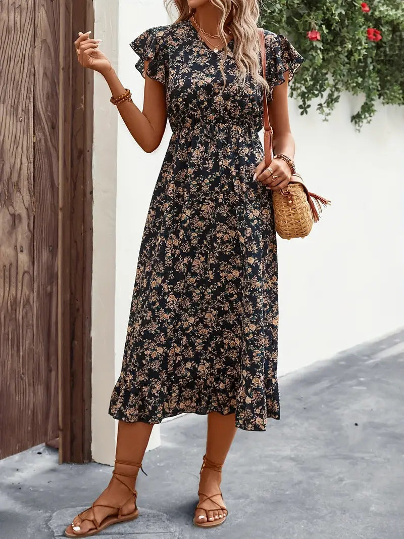 Robe Midi Femme Col V Coton Mélangé Manches Volants Taille Froncée Coupe Décontractée