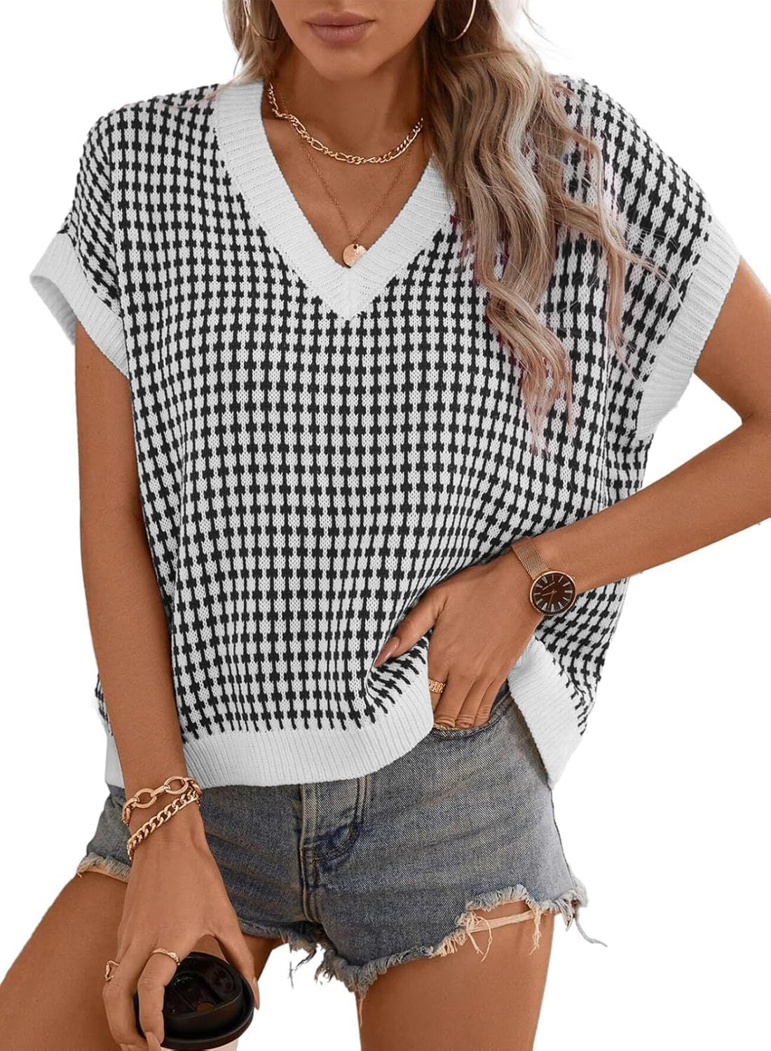 Damen lässiger V-Ausschnitt Pullover mit geometrischem Muster Amawinc