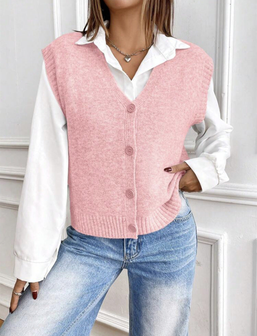 Damen Strickweste mit V-Ausschnitt und modischen Knöpfen Amawinc
